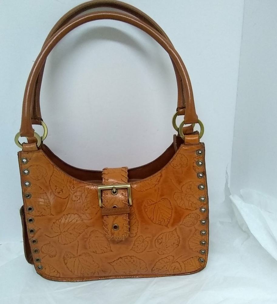 Mc Marc Anthony Western Purse Tan Leather Handbag, 3D Leaves Pattern Etchings